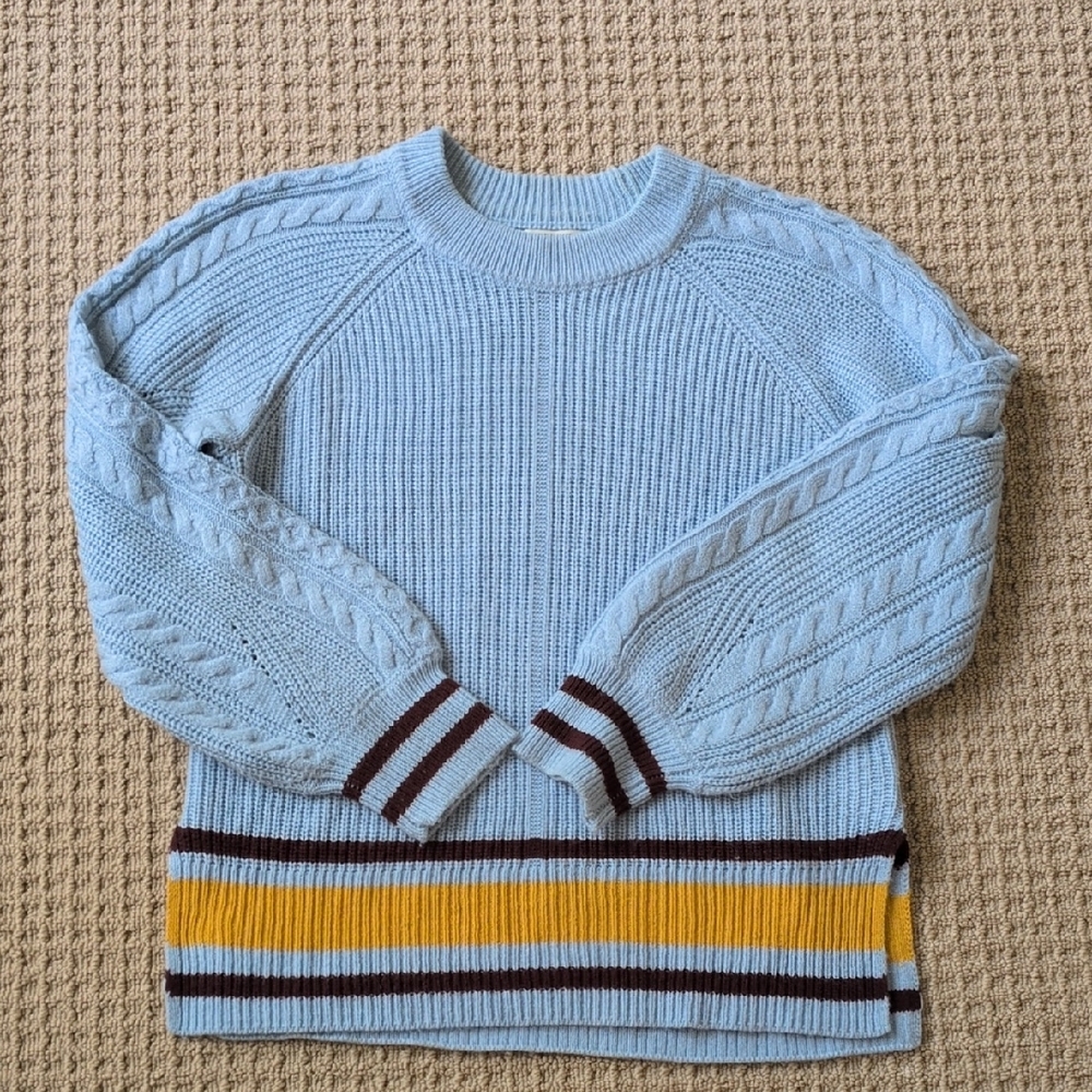 Women's By Anthropologie Blue Cable Knit Sweater With Brown Yellow Details